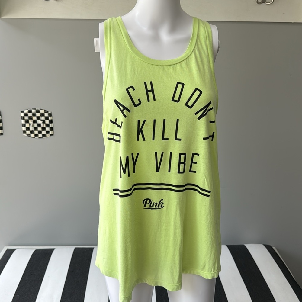 VS PINK Oversized Neon Yellow/Black“Beach Don’t Kill My Vibe” Tank Top/Coverup-M